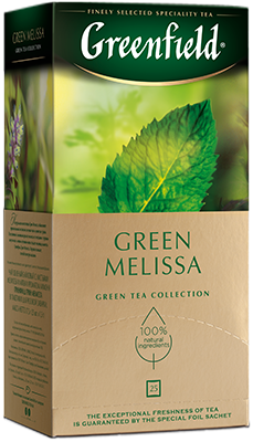 არომატიზირებული მწვანე ჩაი Greenfield Green Melissa ერთჯერად პაკეტებში, 100 ც