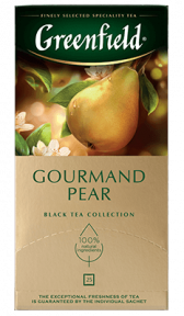 არომატიზებული შავი ჩაი Greenfield Gourmand Pear ერთჯერად პაკეტებში, 25 ც