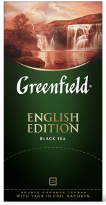 კლასიკური შავი ჩაი Greenfield English Edition ერთჯერად პაკეტებში, 25 ც