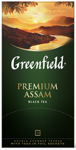 კლასიკური შავი ჩაი Greenfield Premium Assam ერთჯერად პაკეტებში, 25 ც