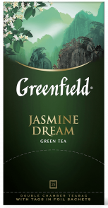 კლასიკური მწვანე ჩაი Greenfield Jasmine Dream ერთჯერად პაკეტებში, 25 ც