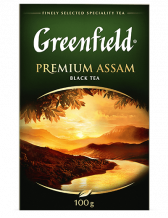 კლასიკური შავი ჩაი Greenfield Premium Assam ფოთლოვანი, 100 გ