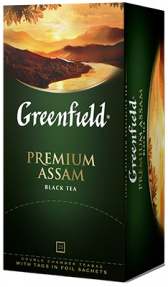კლასიკური შავი ჩაი Greenfield Premium Assam ერთჯერად პაკეტებში, 25 ც